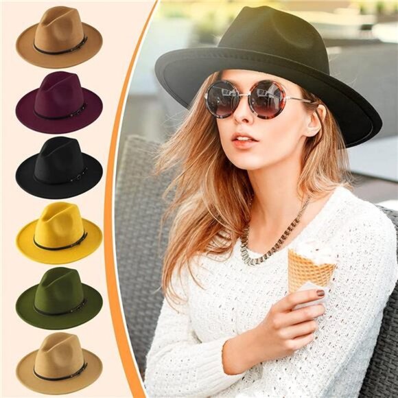 6 Pcs Women\'s Felt Hat Wide Brim Panama Hat with Belt Buckle Vintage